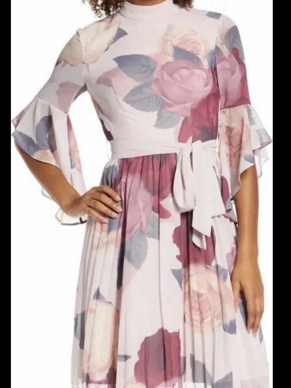 ChiChi London Florentia Floral Midi Dress with Tie Waist in Blush Pink